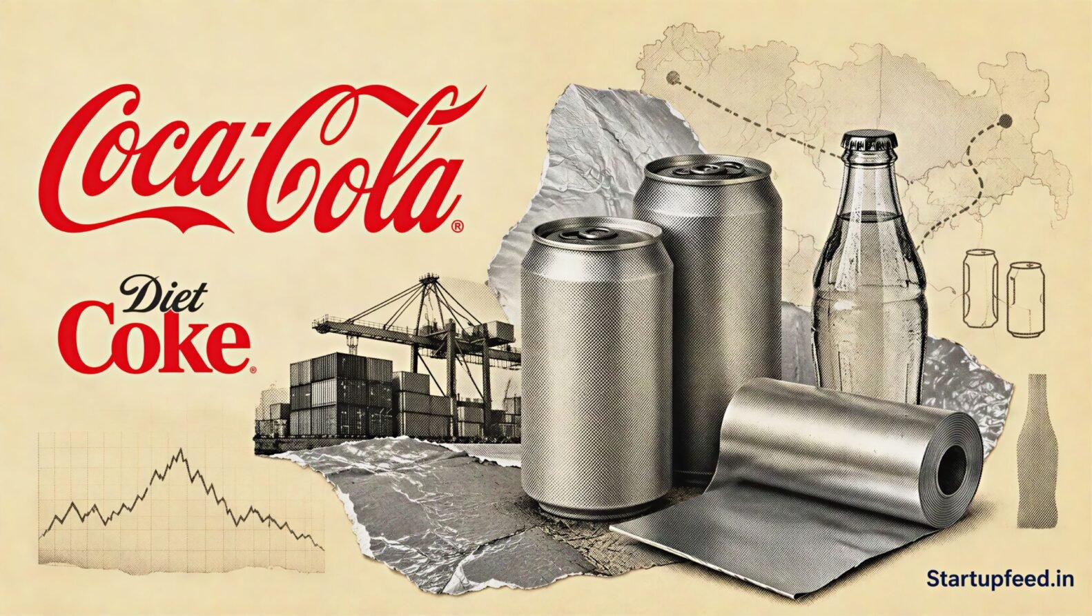 Diet Coke Shortage India visual with Coca-Cola logo, aluminium can silhouettes, a glass bottle and Gulf shipping collage