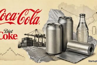Diet Coke Shortage India visual with Coca-Cola logo, aluminium can silhouettes, a glass bottle and Gulf shipping collage