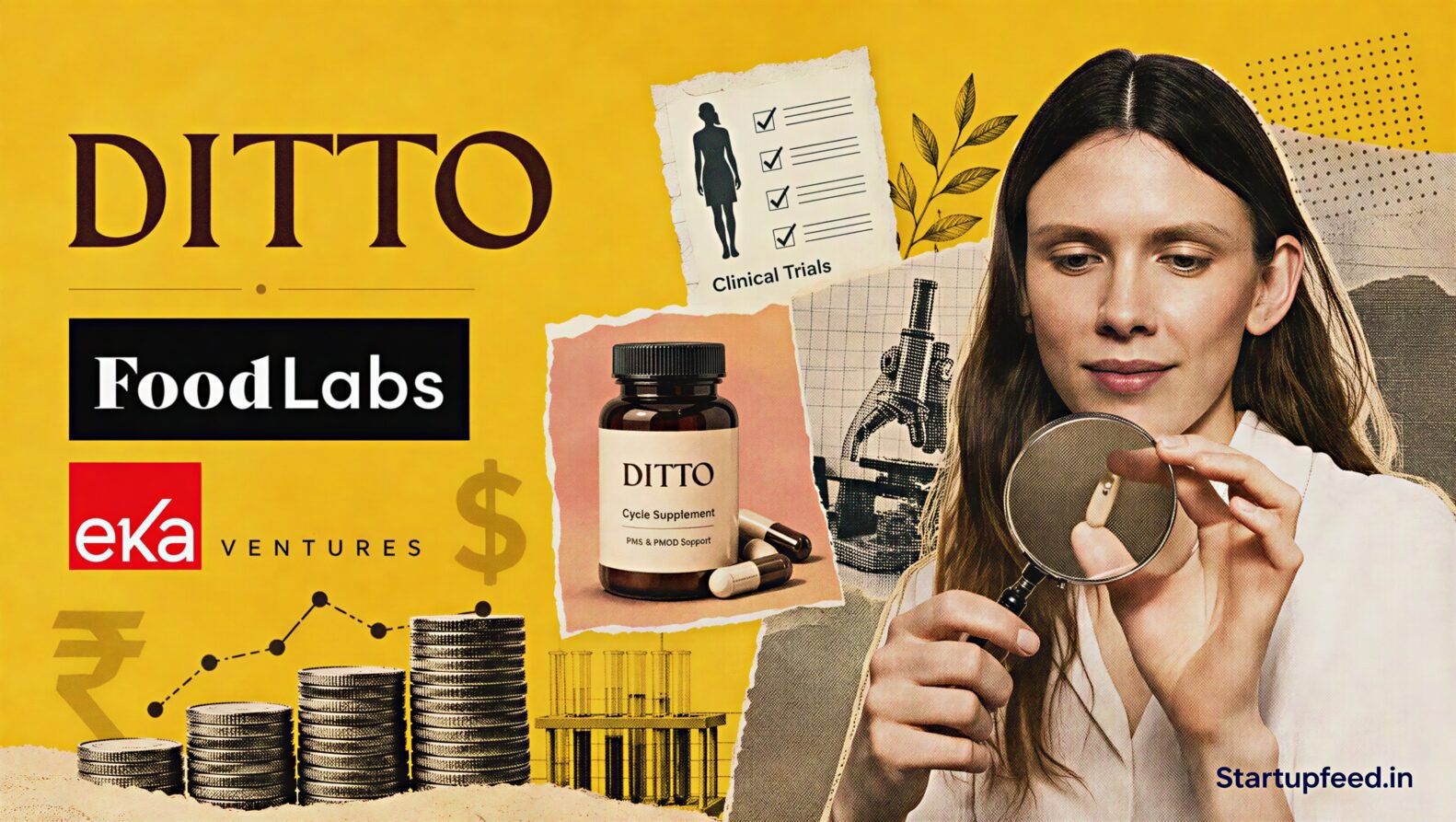 DITTO seed round visual with founder Alice van der Schoot, the DITTO logo, FoodLabs branding and clinical research collage elements