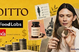 DITTO seed round visual with founder Alice van der Schoot, the DITTO logo, FoodLabs branding and clinical research collage elements