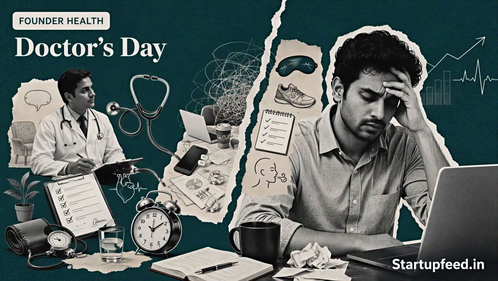 Doctor’s Day 2026 editorial illustration showing an exhausted startup founder facing a health check with a doctor, stethoscope, sleep clock and medical report