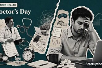 Doctor’s Day 2026 editorial illustration showing an exhausted startup founder facing a health check with a doctor, stethoscope, sleep clock and medical report