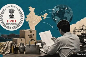 FDI in ecommerce exports policy scene with DPIIT emblem, export cartons and Indian-made goods moving toward global markets