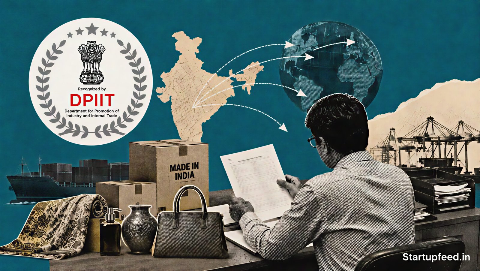 FDI in ecommerce exports policy scene with DPIIT emblem, export cartons and Indian-made goods moving toward global markets