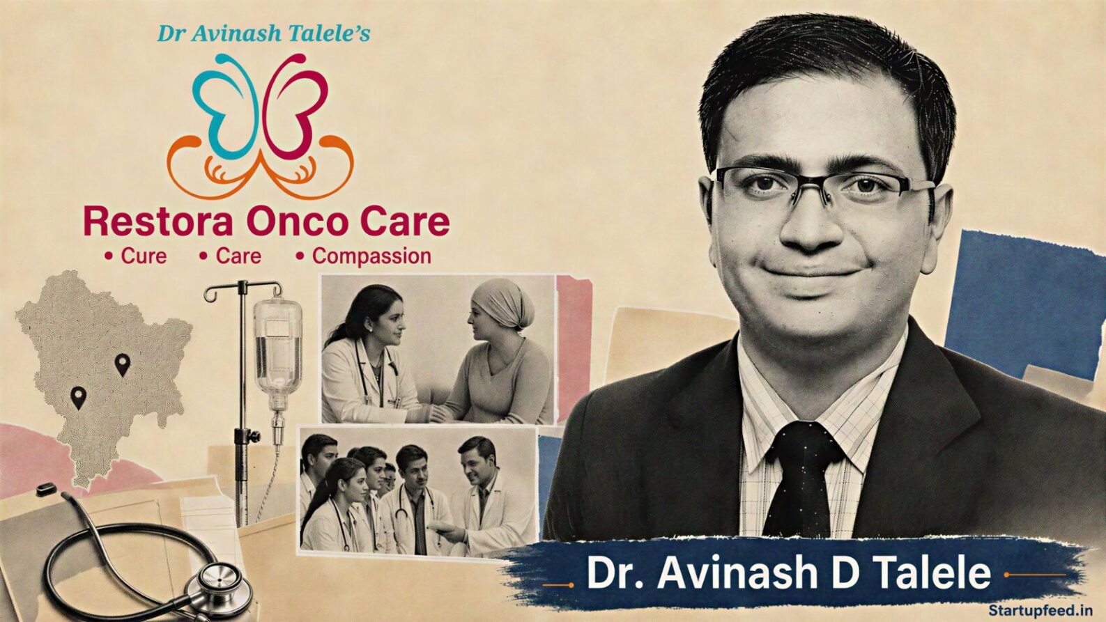Dr Avinash Talele in a halftone medical portrait beside Restora Onco Care Centre and local cancer-care symbols