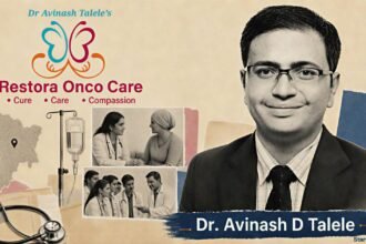 Dr Avinash Talele in a halftone medical portrait beside Restora Onco Care Centre and local cancer-care symbols