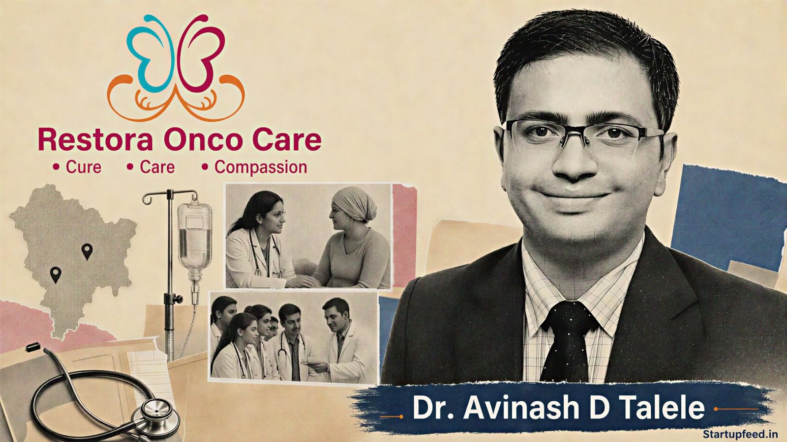 Dr Avinash Talele in a halftone medical portrait beside Restora Onco Care Centre and local cancer-care symbols