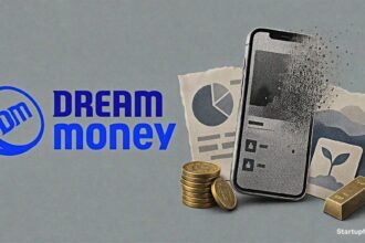 Dream Money shutdown depicted through its official logo, a fading investment app, torn-paper edges and subdued fintech elements