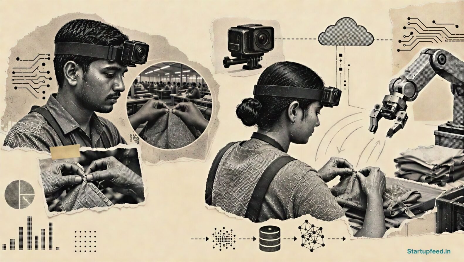 Egocentric data pipeline showing an Indian factory worker wearing a head camera beside robot-training and data-collage elements