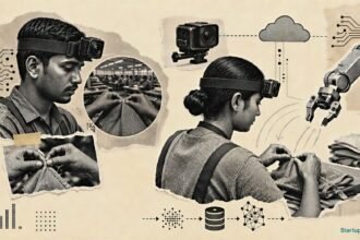 Egocentric data pipeline showing an Indian factory worker wearing a head camera beside robot-training and data-collage elements