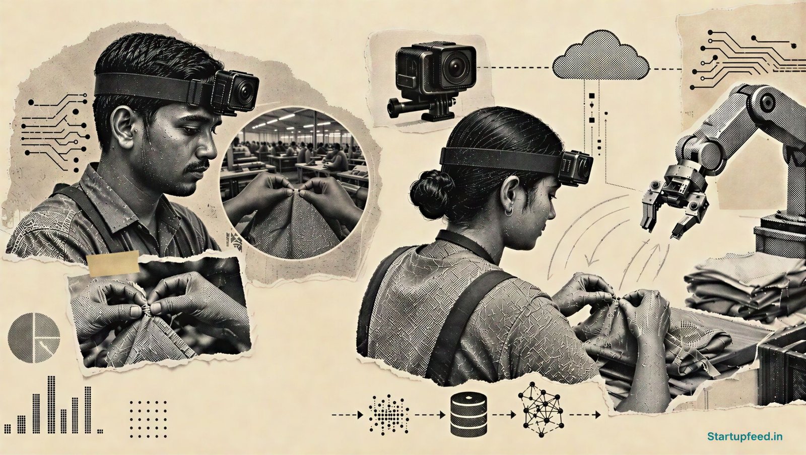 Egocentric data pipeline showing an Indian factory worker wearing a head camera beside robot-training and data-collage elements