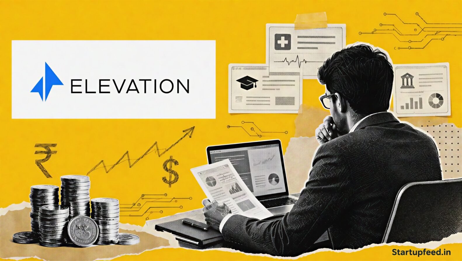 Elevation Capital Fund IX $500 Mn editorial scene with official logo, halftone investor silhouette, stacked coins and AI application motifs