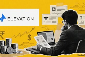Elevation Capital Fund IX $500 Mn editorial scene with official logo, halftone investor silhouette, stacked coins and AI application motifs