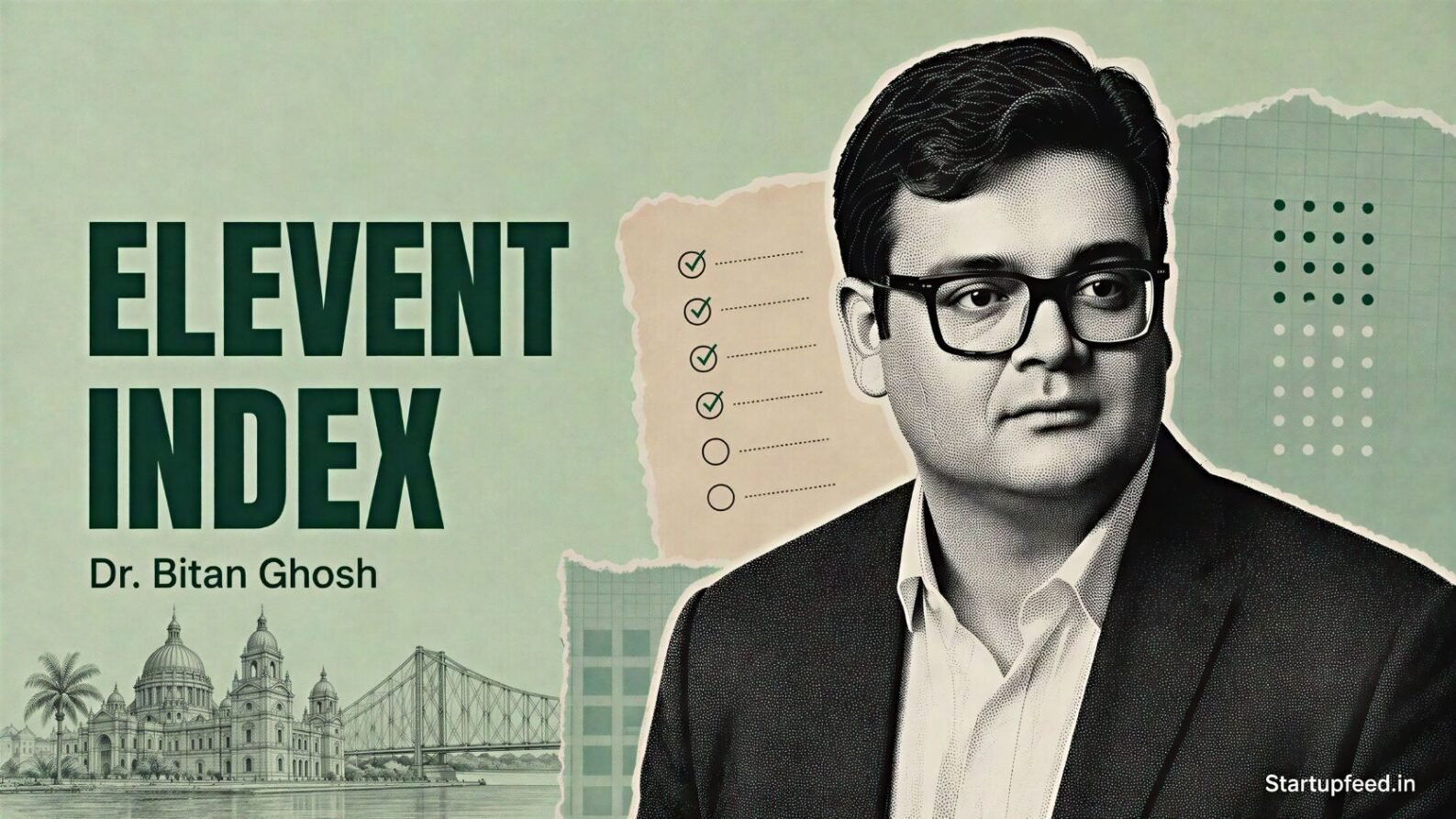 Dr. Bitan Ghosh beside the Elevent Index logo in a halftone collage with startup-scoring charts and Kolkata-inspired paper textures