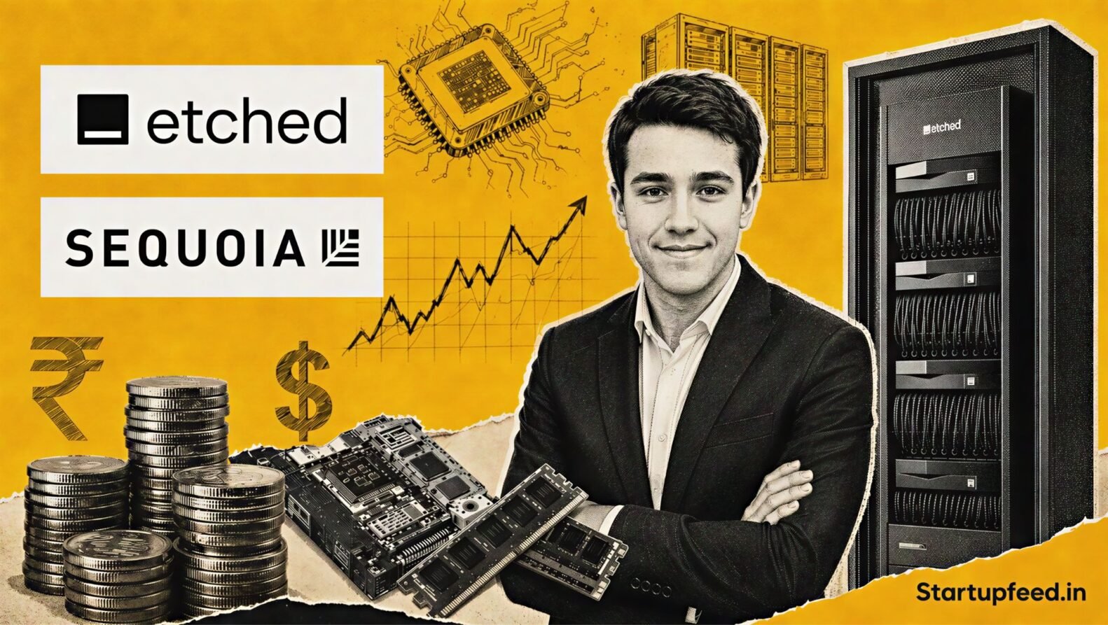 Etched raises $300 Mn in a mustard halftone collage featuring Etched and Sequoia Capital logos, AI racks, chips, and stacked coins