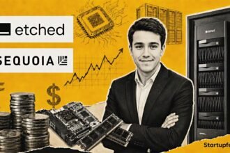 Etched raises $300 Mn in a mustard halftone collage featuring Etched and Sequoia Capital logos, AI racks, chips, and stacked coins