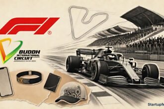 F1 India 2028 startup ideas visualised through a halftone race car, Buddh circuit grandstands, digital ticketing and fan-event services
