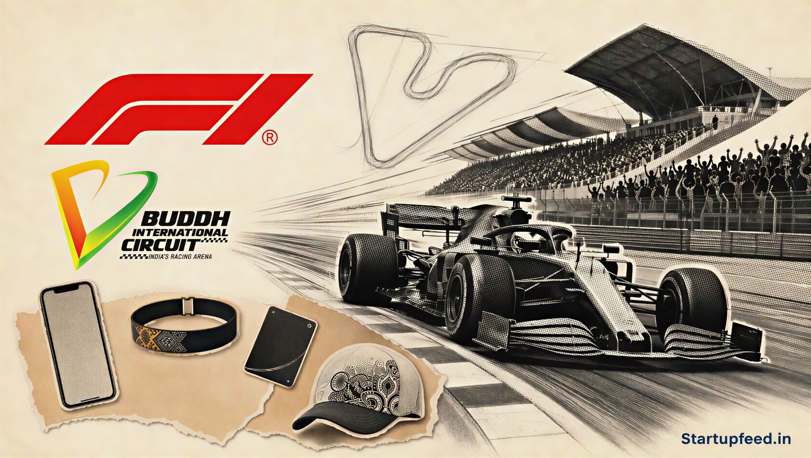 F1 India 2028 startup ideas visualised through a halftone race car, Buddh circuit grandstands, digital ticketing and fan-event services