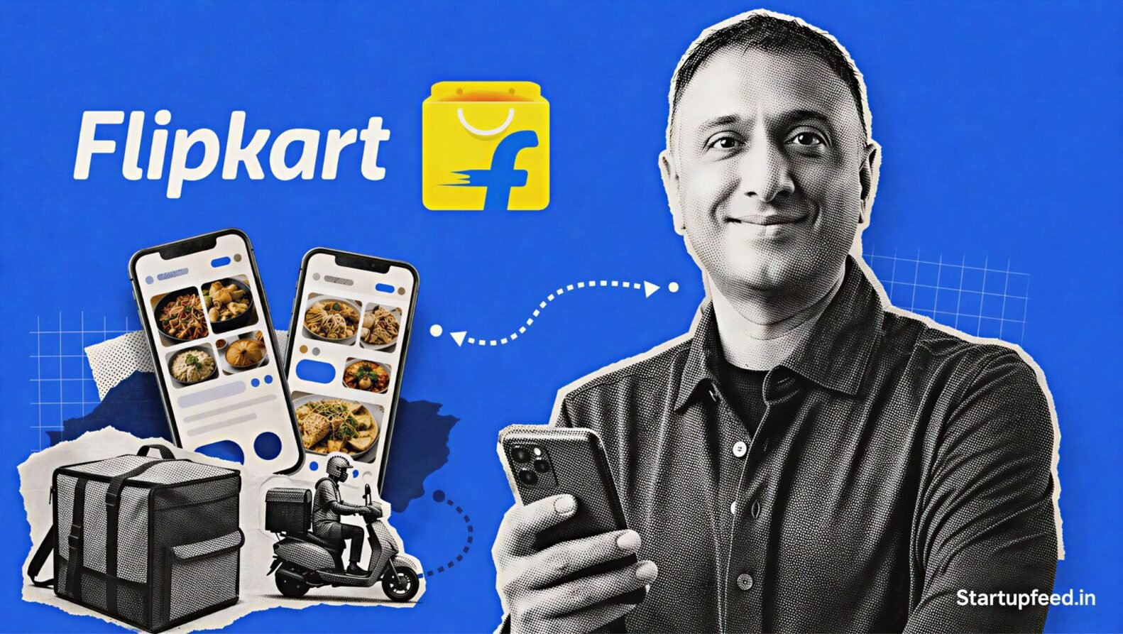 Kalyan Krishnamurthy leads the Flipkart food delivery launch with a smartphone, delivery bag and hyperlocal commerce collage