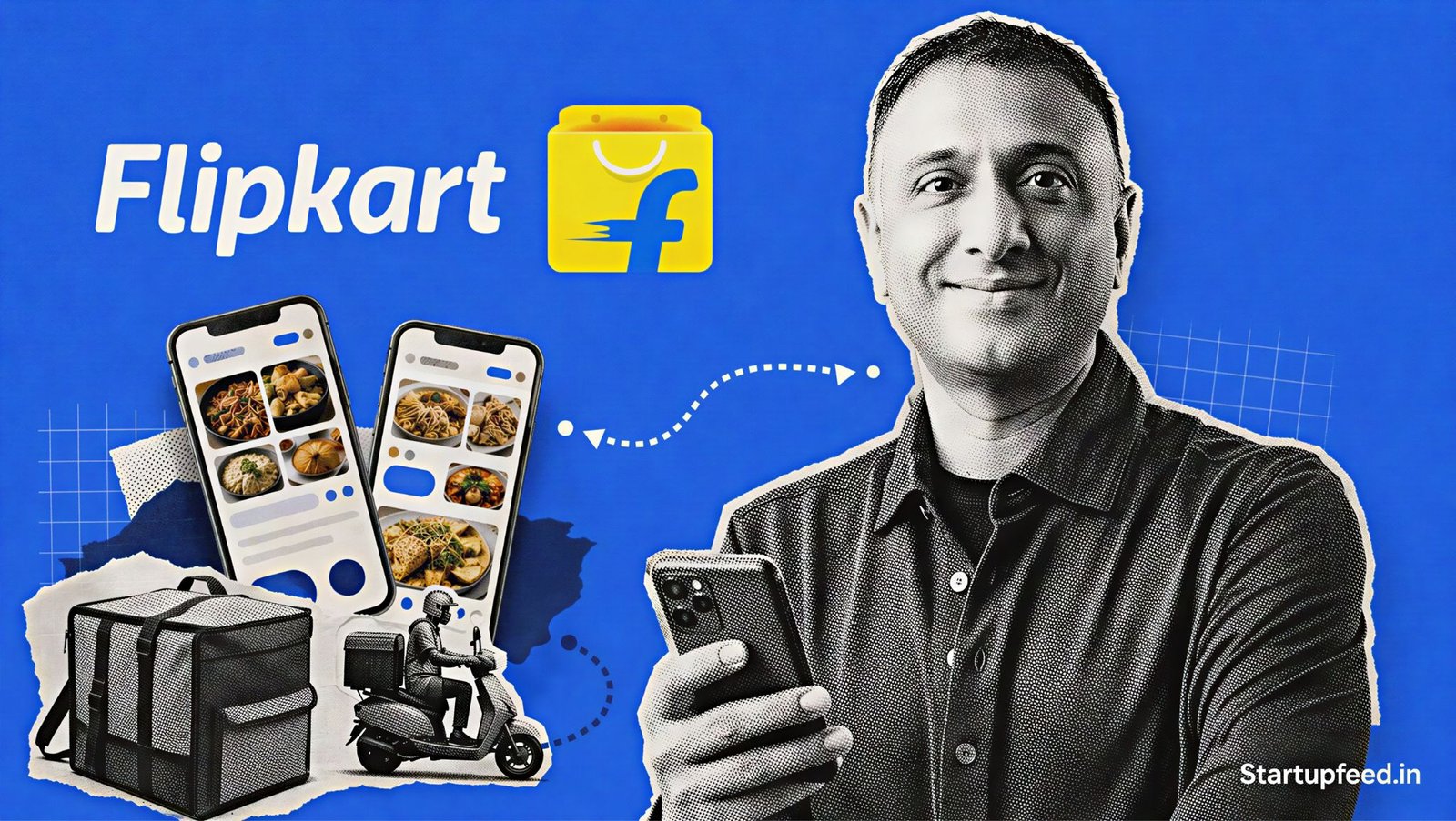Kalyan Krishnamurthy leads the Flipkart food delivery launch with a smartphone, delivery bag and hyperlocal commerce collage
