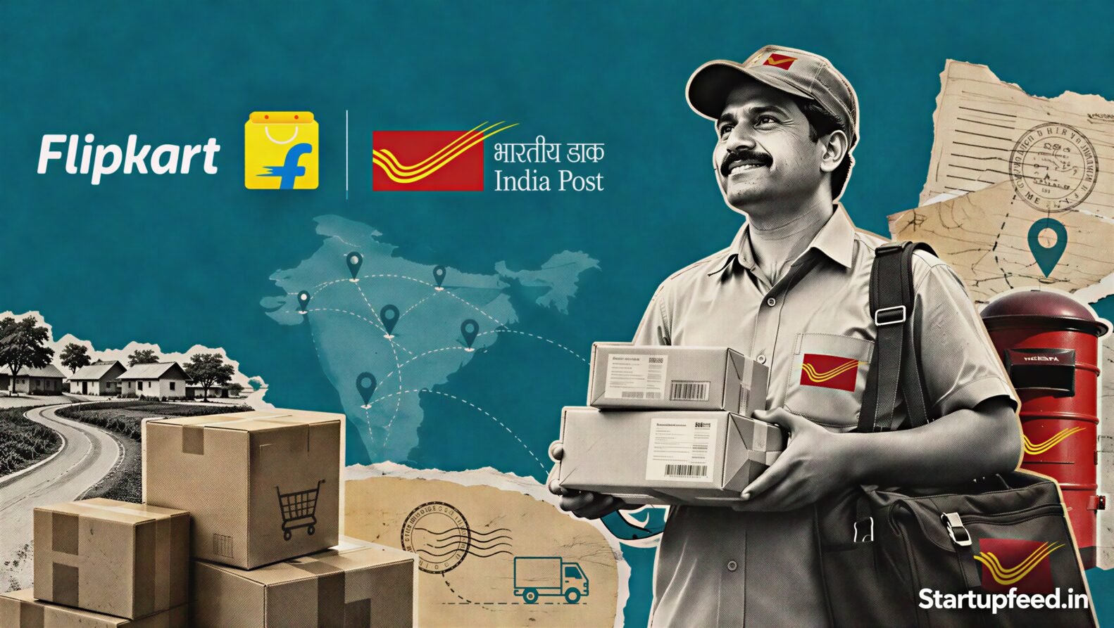 Flipkart India Post deal showing the Flipkart logo beside India Post branding with a nationwide parcel delivery editorial collage across rural India