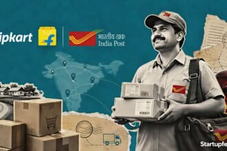 Flipkart India Post deal showing the Flipkart logo beside India Post branding with a nationwide parcel delivery editorial collage across rural India