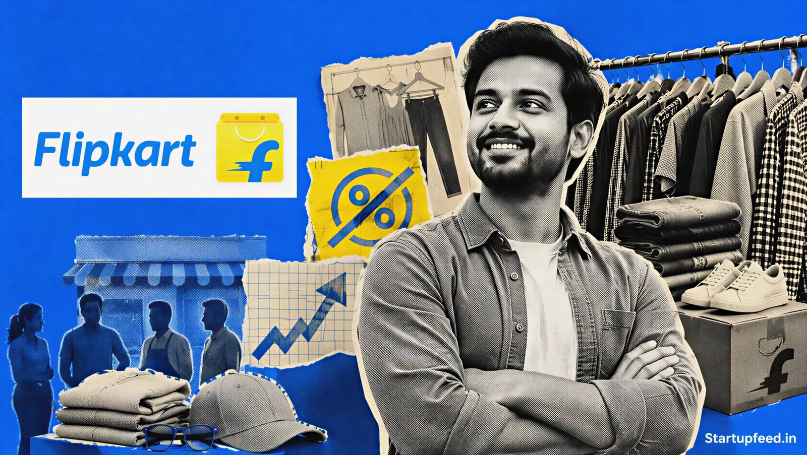 Flipkart Zero Commission fashion marketplace collage with seller storefronts, clothing racks and the official Flipkart logo