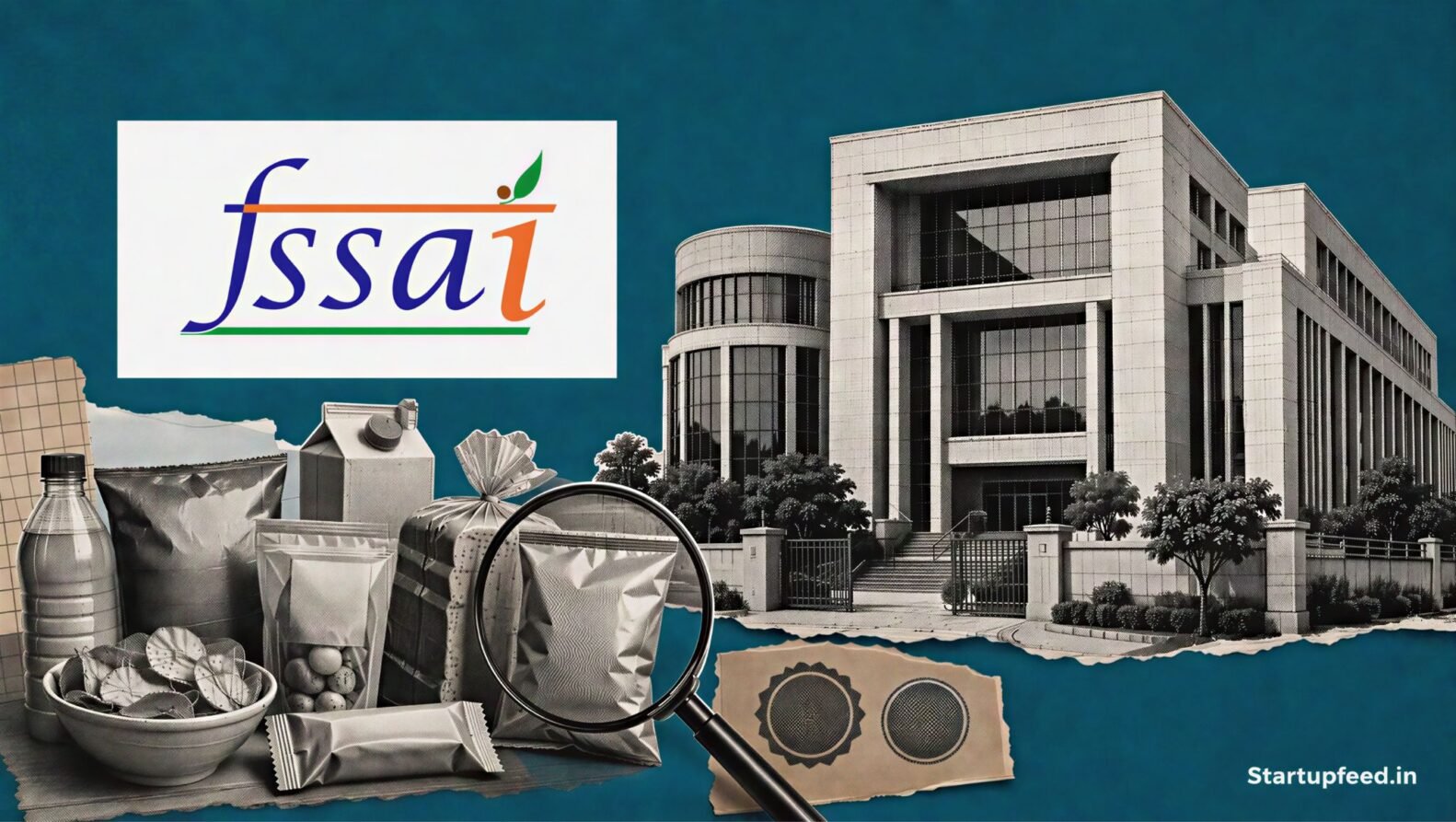 FSSAI crackdown editorial scene with the regulator emblem, headquarters sketch and packaged health-food products under scrutiny