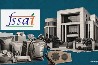 FSSAI crackdown editorial scene with the regulator emblem, headquarters sketch and packaged health-food products under scrutiny