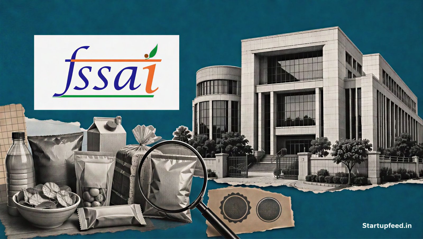 FSSAI crackdown editorial scene with the regulator emblem, headquarters sketch and packaged health-food products under scrutiny