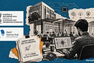 GENESIS Scheme editorial collage with MeitY emblem and Tier II deep-tech startup documents