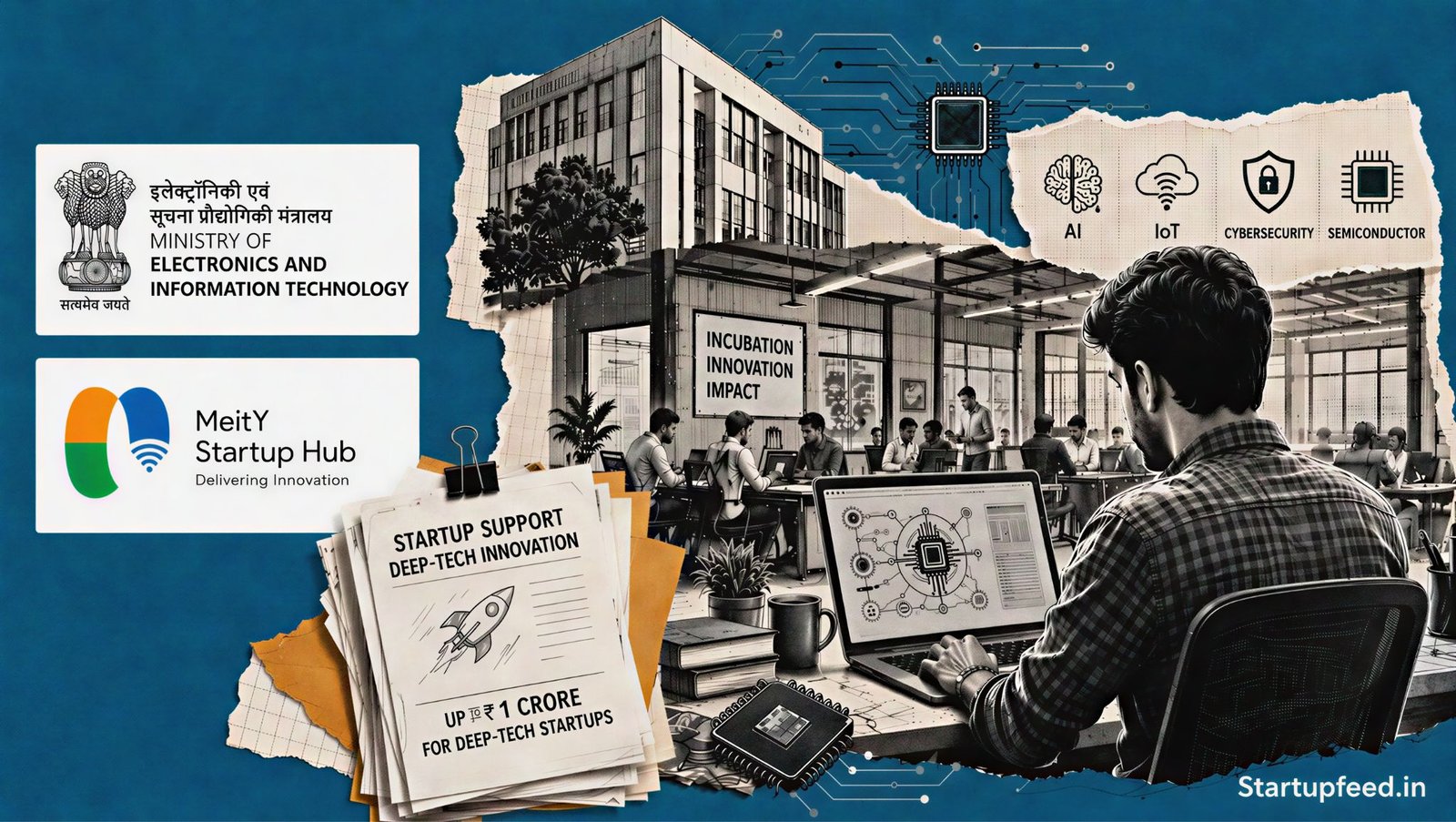 GENESIS Scheme editorial collage with MeitY emblem and Tier II deep-tech startup documents