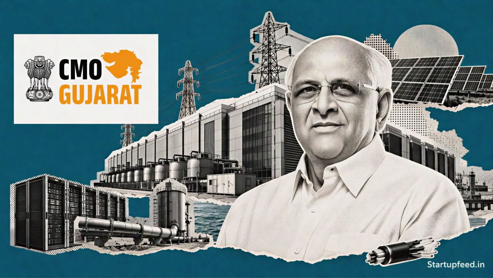 Gujarat Data Centre Policy visual with Gujarat government emblem, Dholera data centre campus and renewable power infrastructure