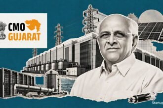 Gujarat Data Centre Policy visual with Gujarat government emblem, Dholera data centre campus and renewable power infrastructure