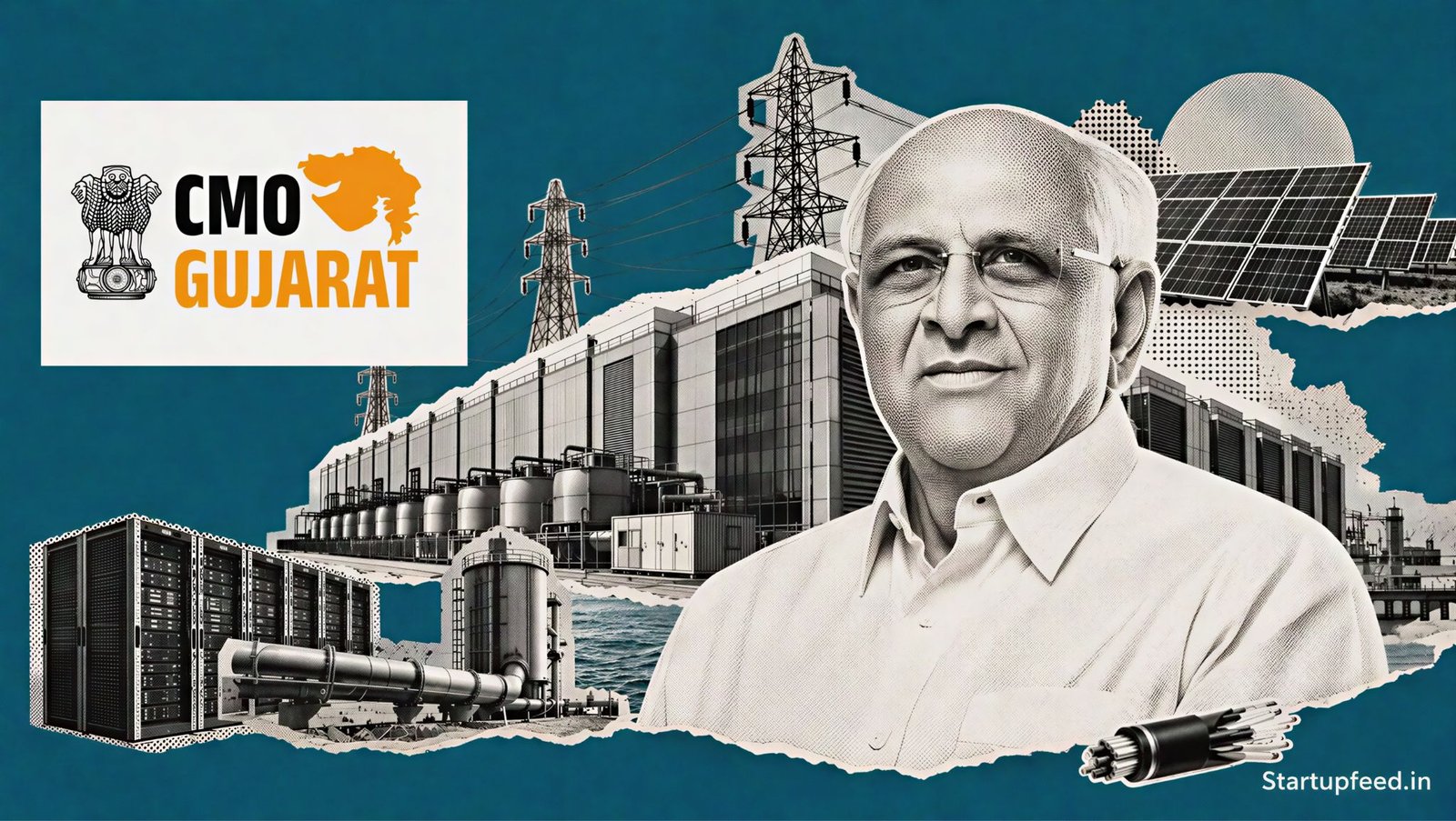 Gujarat Data Centre Policy visual with Gujarat government emblem, Dholera data centre campus and renewable power infrastructure