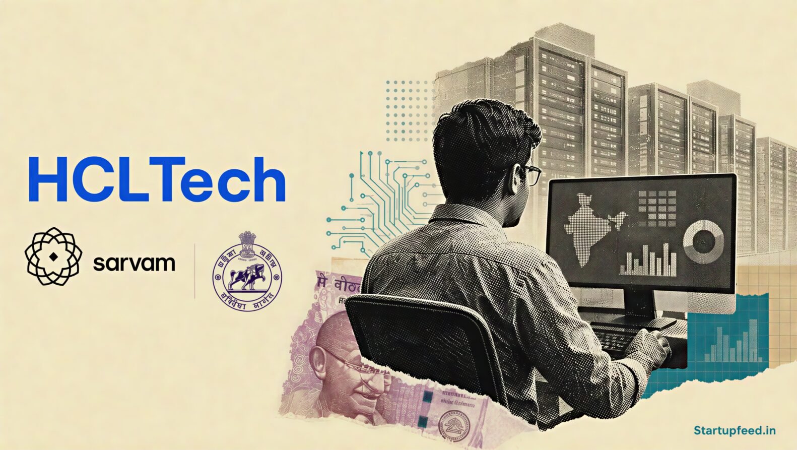 HCLTech AI Data Center editorial collage with HCLTech and Sarvam logos, sovereign AI compute infrastructure and Odisha government partnership
