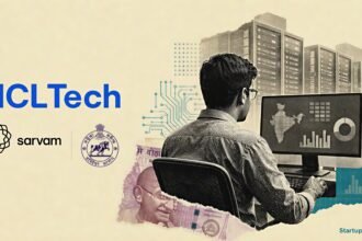 HCLTech AI Data Center editorial collage with HCLTech and Sarvam logos, sovereign AI compute infrastructure and Odisha government partnership