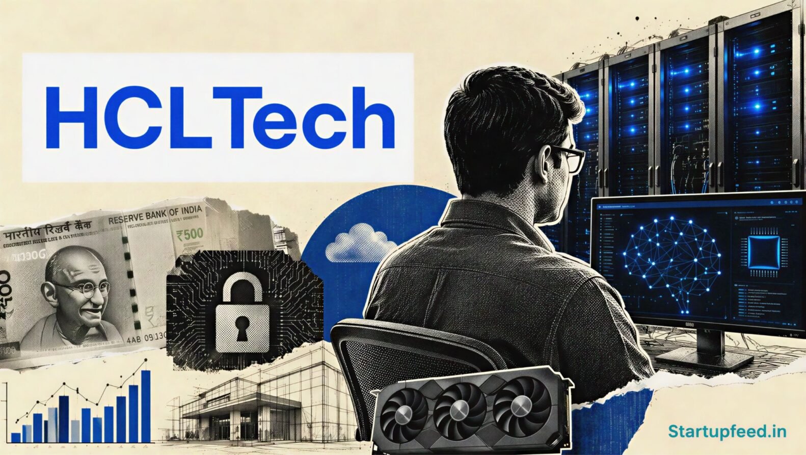 HCLTech AI data centre editorial scene with the official logo, server racks and AI compute infrastructure