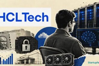 HCLTech AI data centre editorial scene with the official logo, server racks and AI compute infrastructure