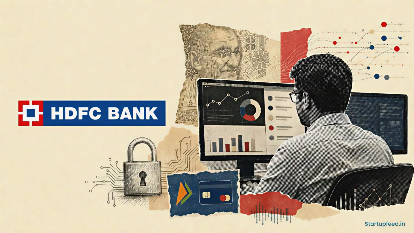 HDFC Bank AI editorial collage with its official logo, a halftone banking technologist, lock motif and transaction-data fragments