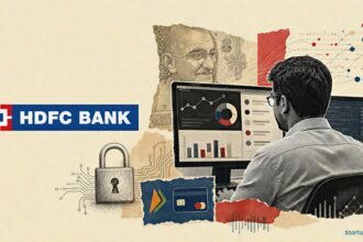HDFC Bank AI editorial collage with its official logo, a halftone banking technologist, lock motif and transaction-data fragments