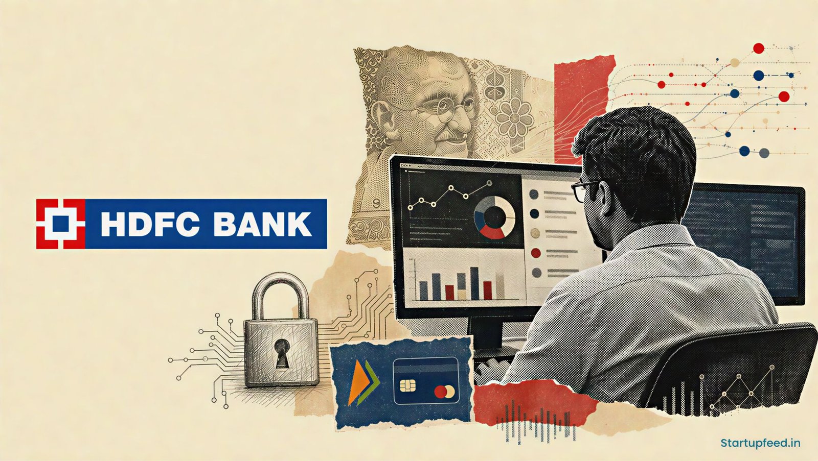 HDFC Bank AI editorial collage with its official logo, a halftone banking technologist, lock motif and transaction-data fragments