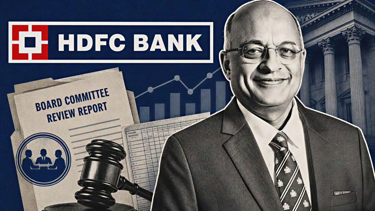 Sashidhar Jagdishan during the HDFC Bank penalty decision with HDFC Bank logo and MSRDC governance theme after the board imposed a Rs 1 lakh fine