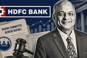 Sashidhar Jagdishan during the HDFC Bank penalty decision with HDFC Bank logo and MSRDC governance theme after the board imposed a Rs 1 lakh fine