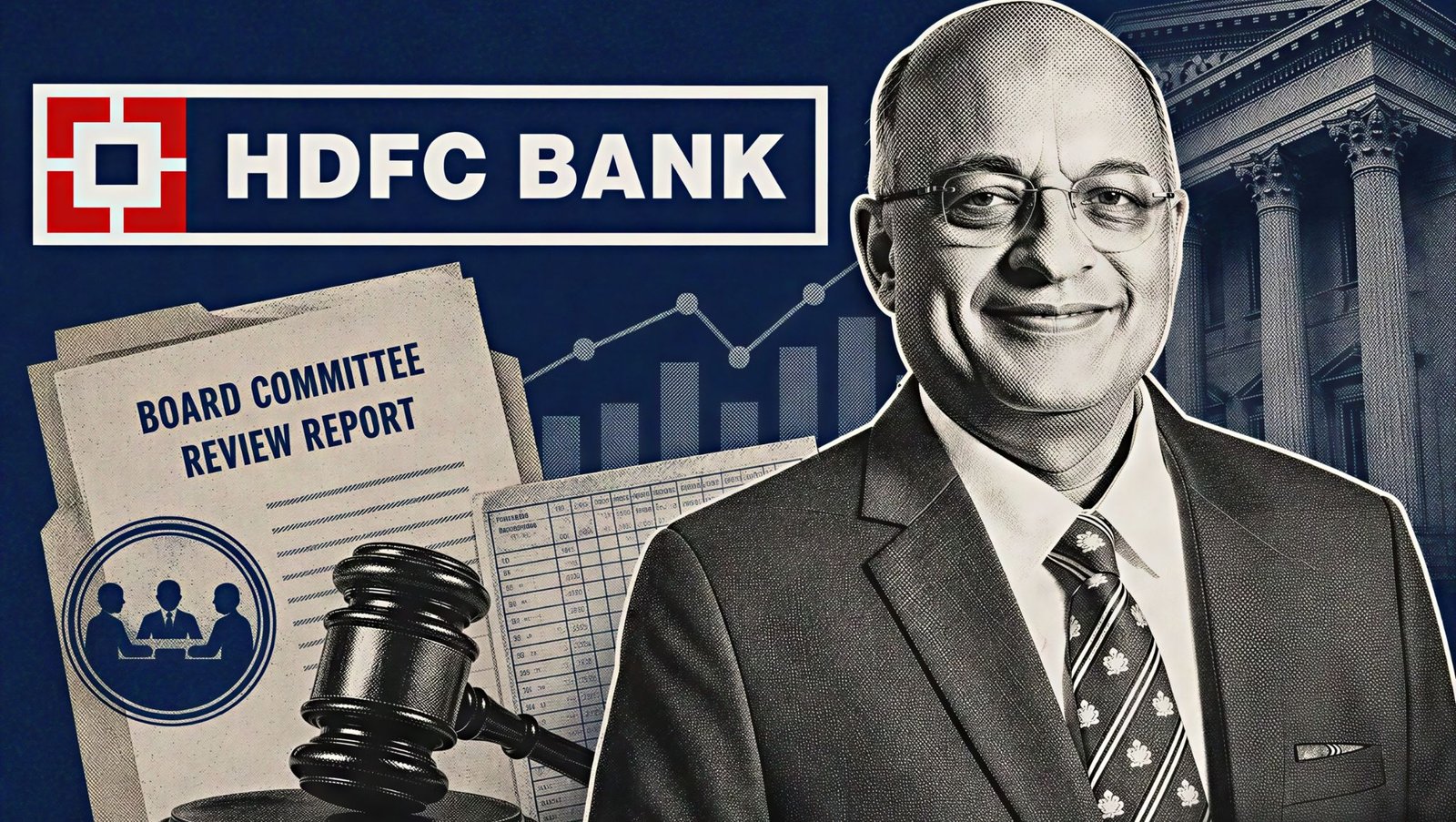 Sashidhar Jagdishan during the HDFC Bank penalty decision with HDFC Bank logo and MSRDC governance theme after the board imposed a Rs 1 lakh fine