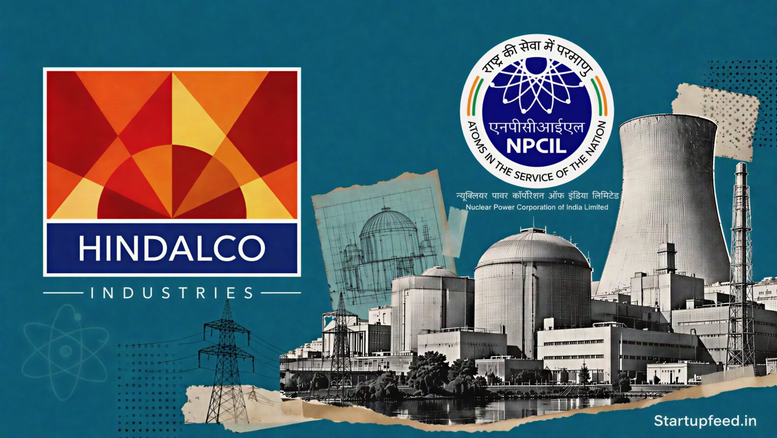 Hindalco nuclear reactor bid visual with the Hindalco logo, NPCIL emblem and a halftone nuclear facility representing the 220 MW captive proposal