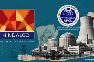 Hindalco nuclear reactor bid visual with the Hindalco logo, NPCIL emblem and a halftone nuclear facility representing the 220 MW captive proposal