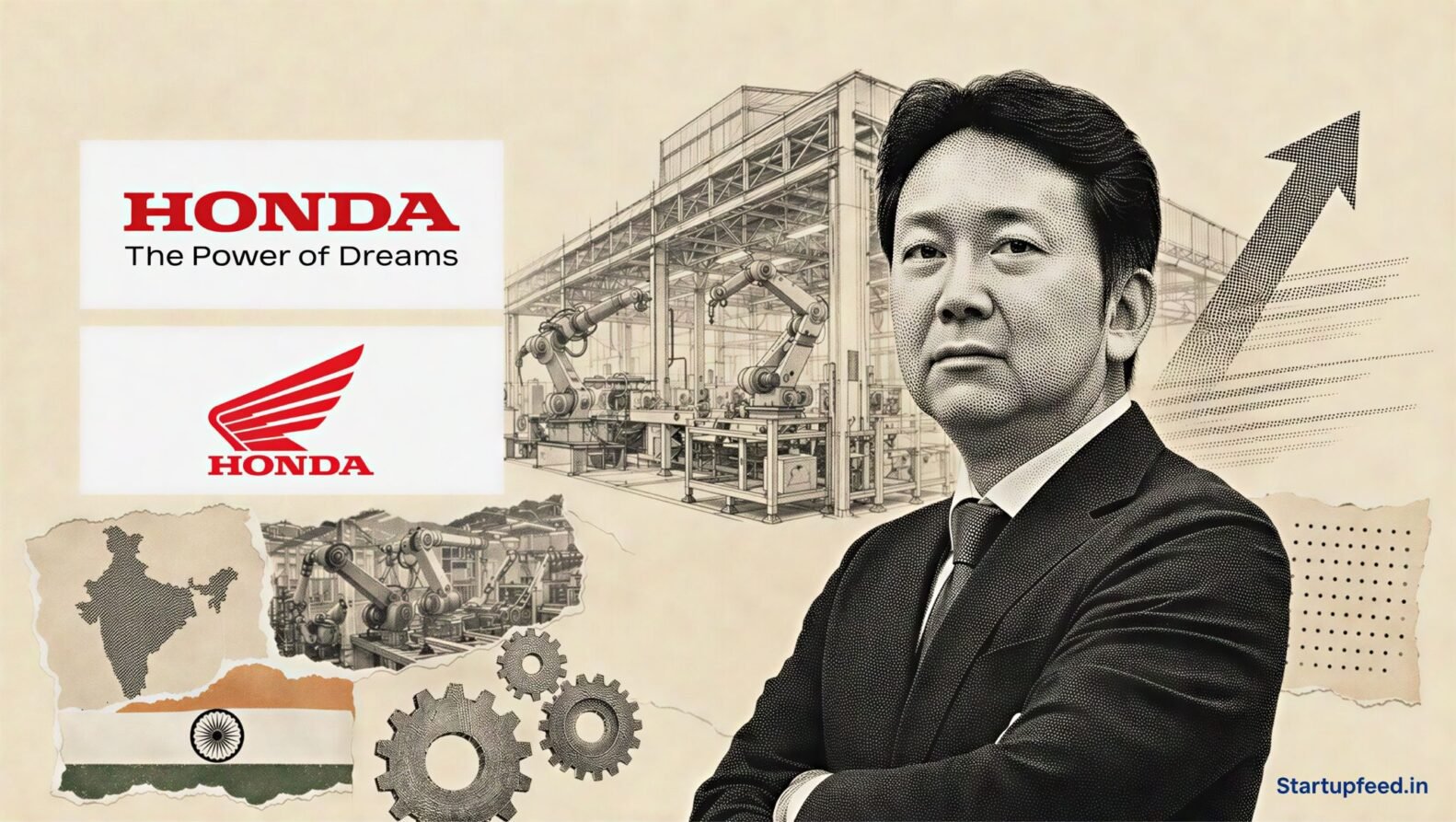 Honda premium motorcycles local-production collage with the official Honda logo, a halftone big bike and Indian factory elements