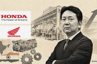Honda premium motorcycles local-production collage with the official Honda logo, a halftone big bike and Indian factory elements