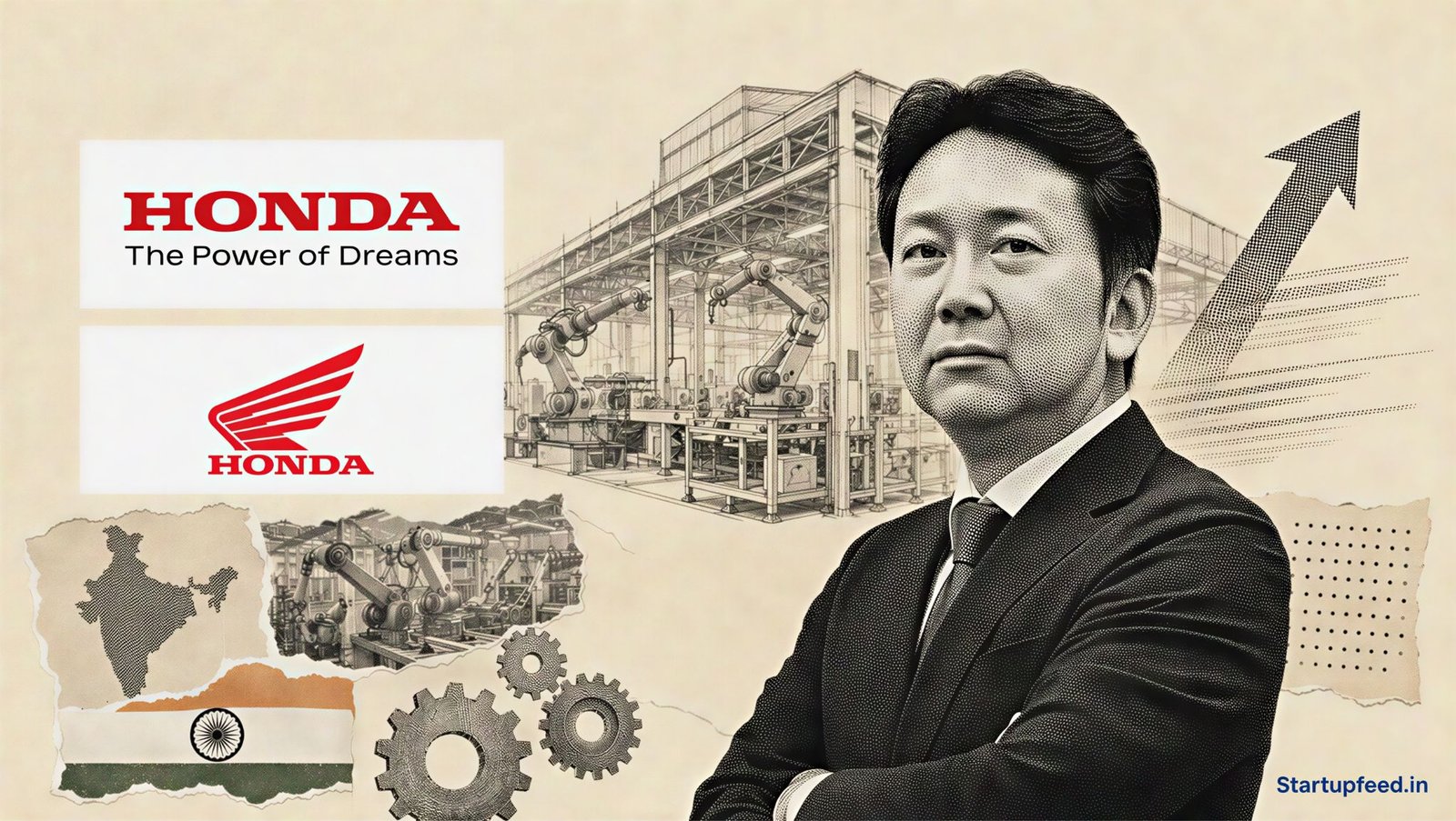 Honda premium motorcycles local-production collage with the official Honda logo, a halftone big bike and Indian factory elements